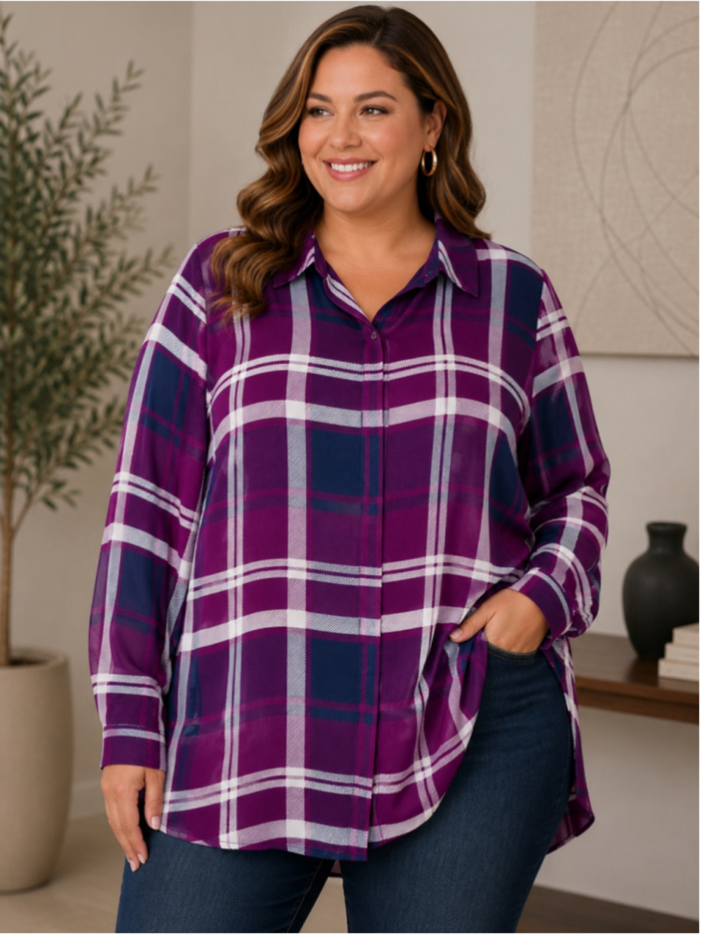 Lane Bryant Plaid Button Down Shirt Purple White Women's Size 14